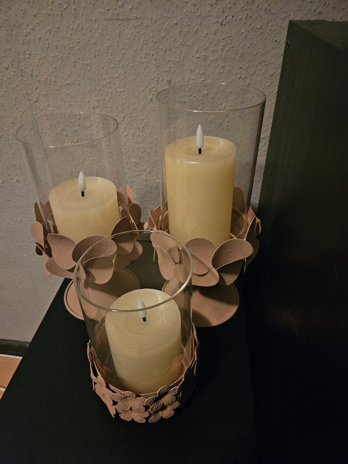 Set van 3 kandelaars met LED kaarsen en afstandsbediening, Ophalen, Gebruikt, Overige merken, Glas