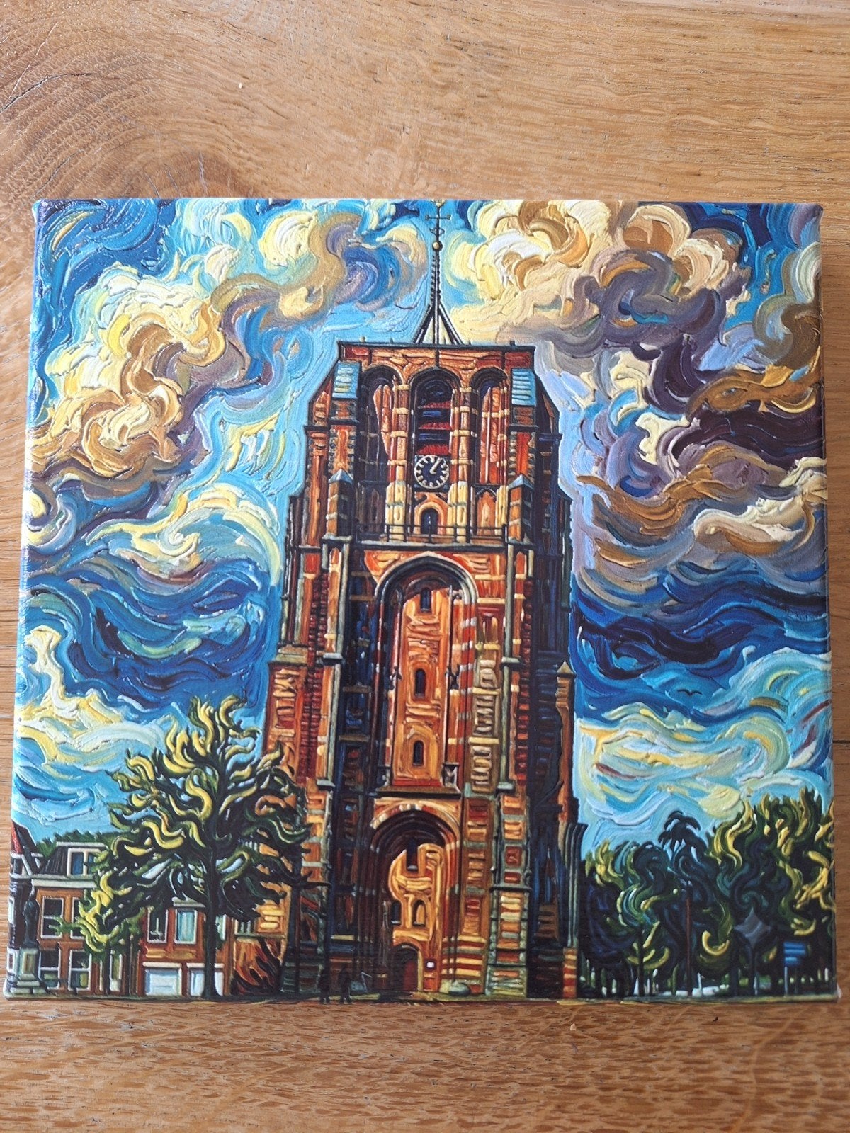 Oldehove Leeuwarden - Van Gogh Stijl Schilderij 20x20 cm, Ophalen, Print, Stadsgezicht, Op houten frame
