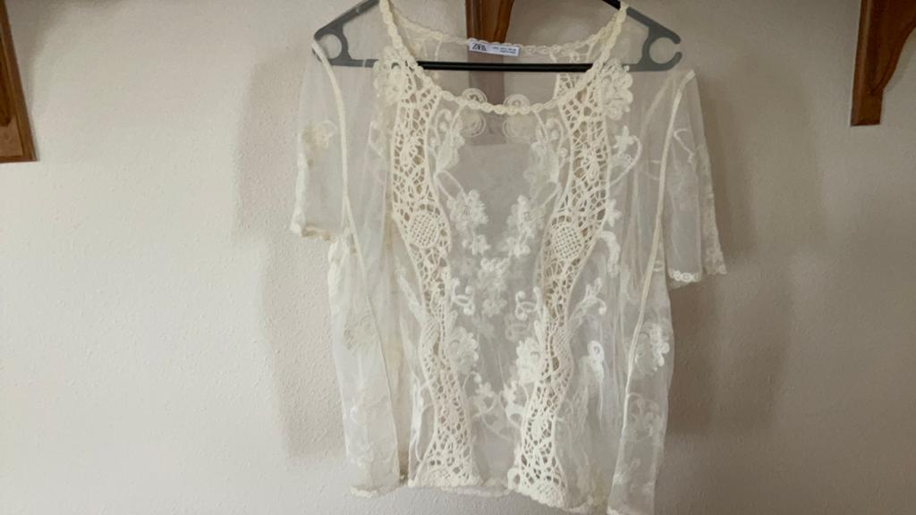 Zara Kanten Top - Crème/Ecru - Maat L, Ophalen of Verzenden, Gedragen, Maat 42/44 (L), Beige