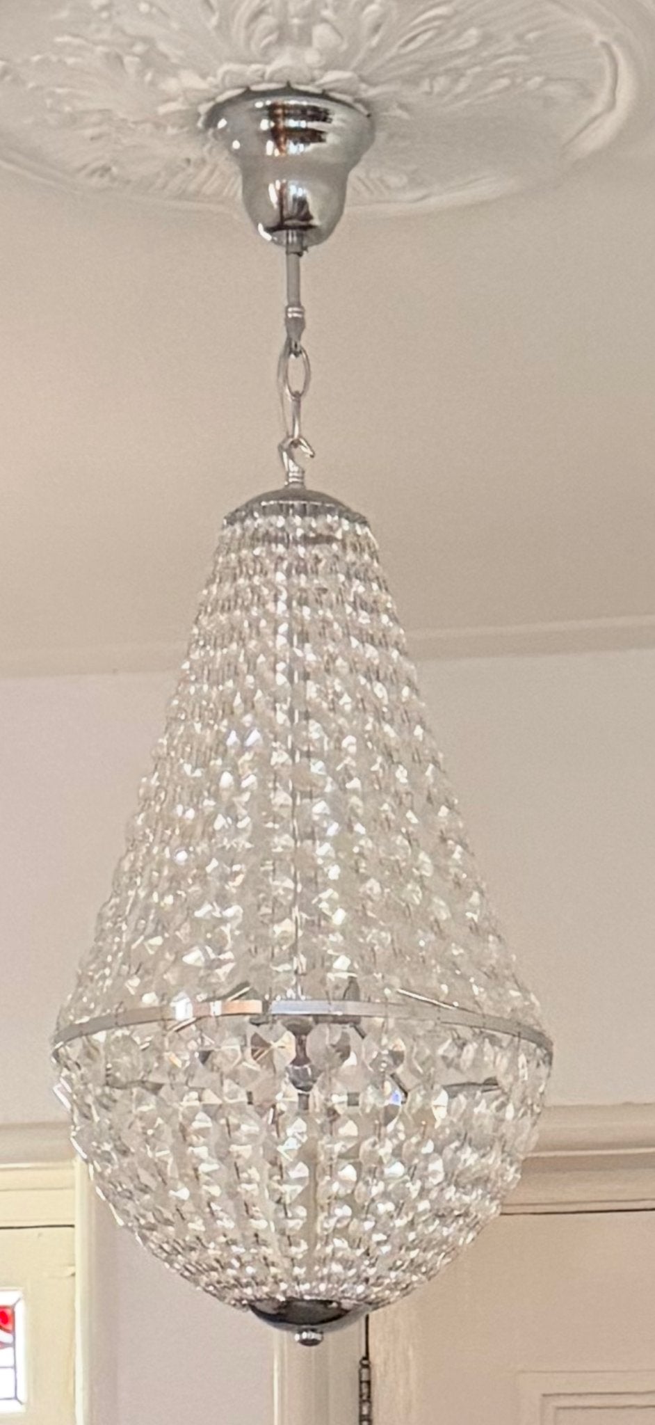 Elegante kristallen kroonluchter - Hanglamp, Ophalen of Verzenden, Zo goed als nieuw, Glas, E27 (groot)