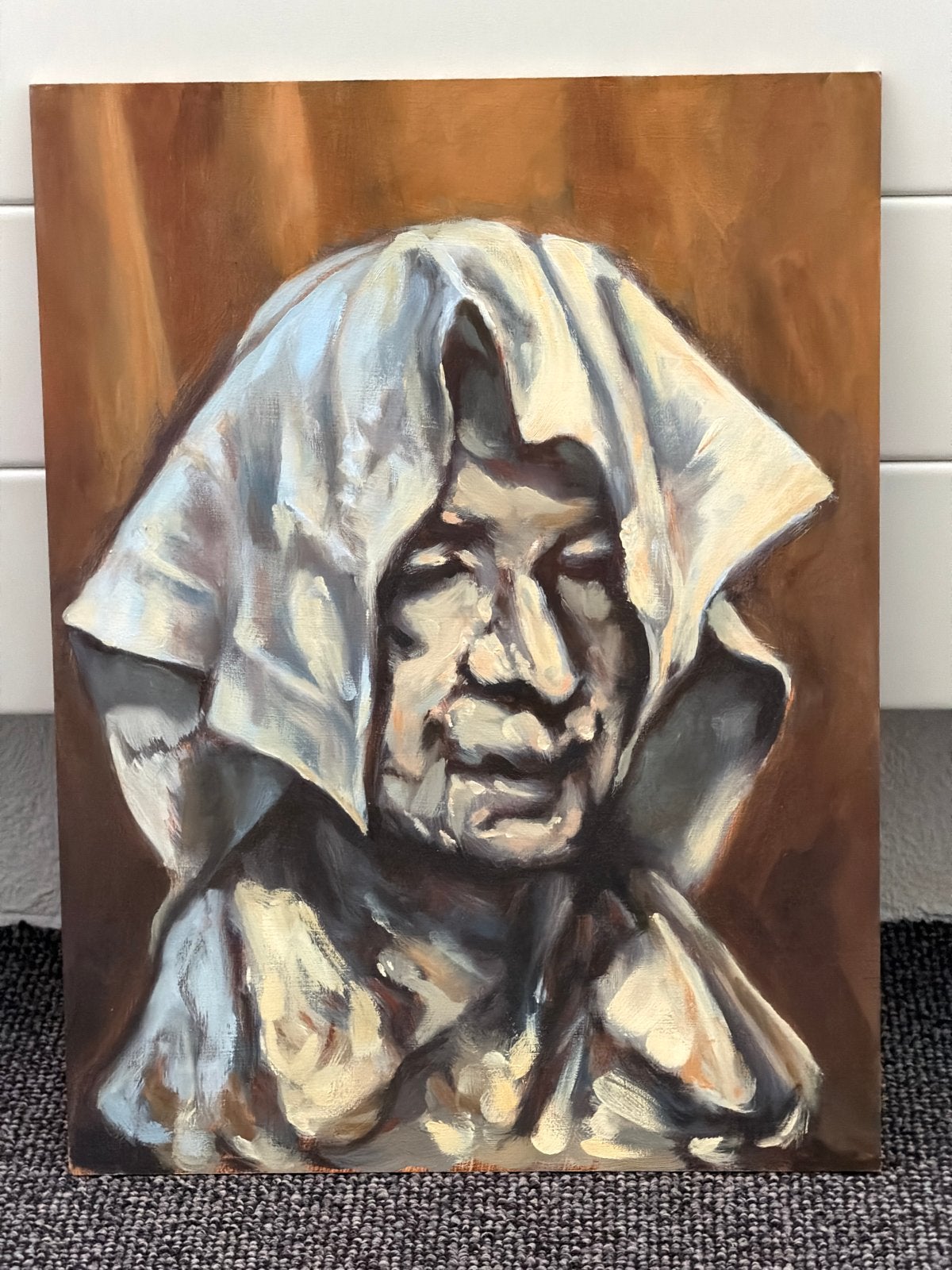 Olieverf Stilleven Gipsen Kop met Theedoek - Henk Uitslag, Antiek en Kunst, Ophalen, Stilleven, Hout, Handgeschilderd