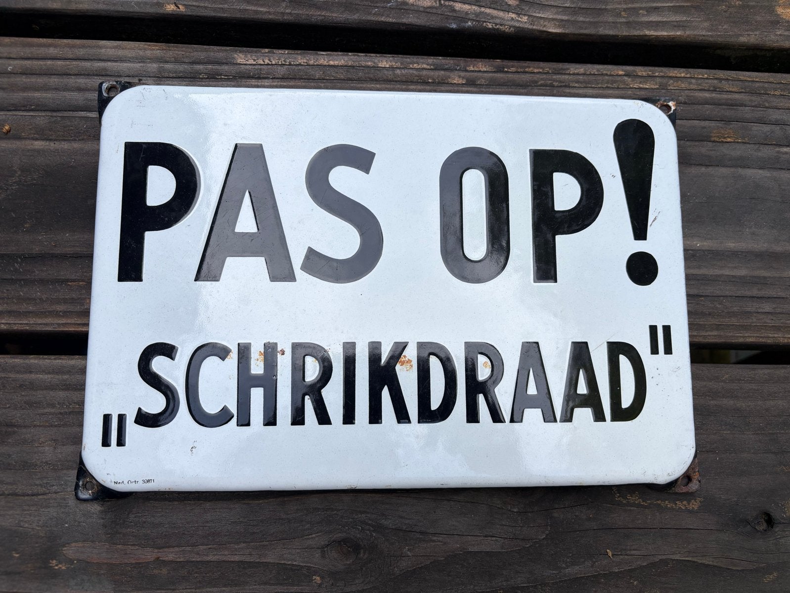 Emaille bord 'PAS OP! SCHRIKDRAAD', Ophalen of Verzenden