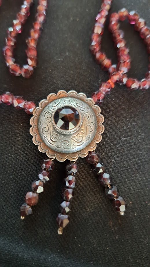 Vintage Ketting met Granaat en Zilveren Hanger, Sieraden, Tassen en Uiterlijk, Verzenden, Zilver, Ketting, Met edelsteen