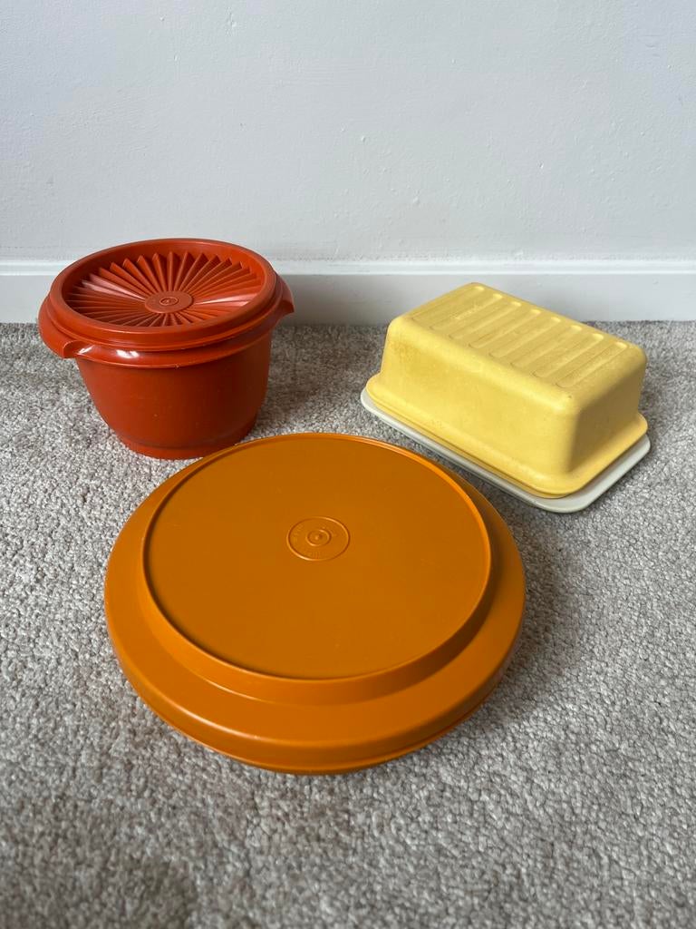 Set van 3 vintage tupperware bakjes. Boter koek nootjes, Verzenden, Gebruikt, Geel, Bak of Kom