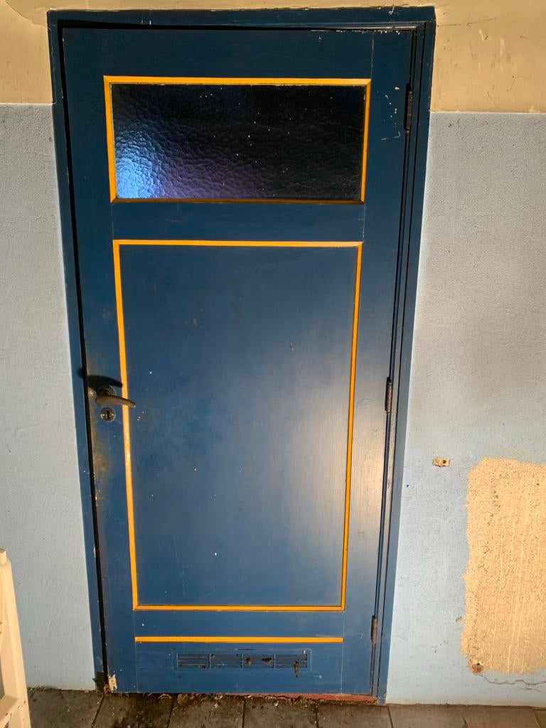 Antieke houte binnendeur met glas, Gebruikt, 150 tot 225 cm, Inclusief glas, Hout