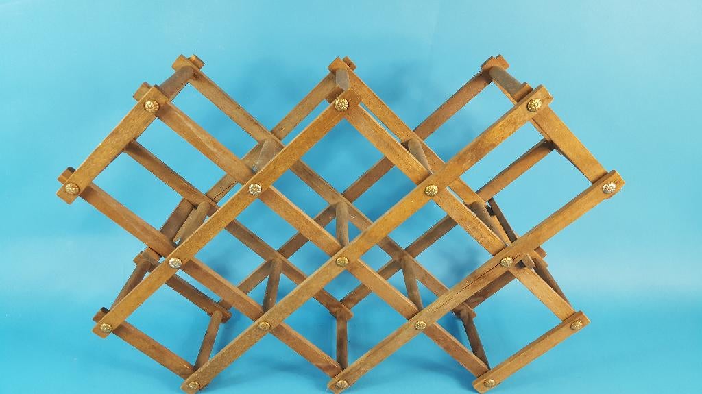 Vintage houten wijnrek, inklapbaar, voor 10 flessen. 7C2, Tweedehands verkoop, Tweedehands verkoop, Gebruikt, Ophalen of Verzenden