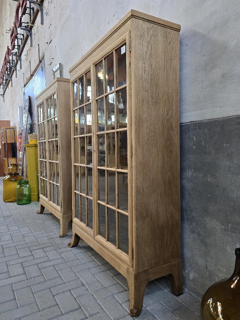 2x Vintage Eiken Hout Vitrinekast | Landelijke Vitrine Kast, Glas, 100 tot 150 cm, Ophalen of Verzenden, Vintage Landelijk Klassiek Modern