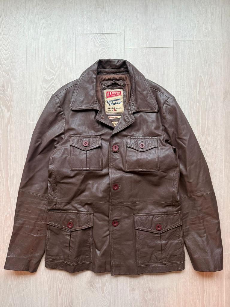 Vintage Jack & Jones Blue Genes Bruine Leren Jas L, Kleding | Heren, Jassen | Zomer, Maat 52/54 (L), Bruin, ., Ophalen of Verzenden