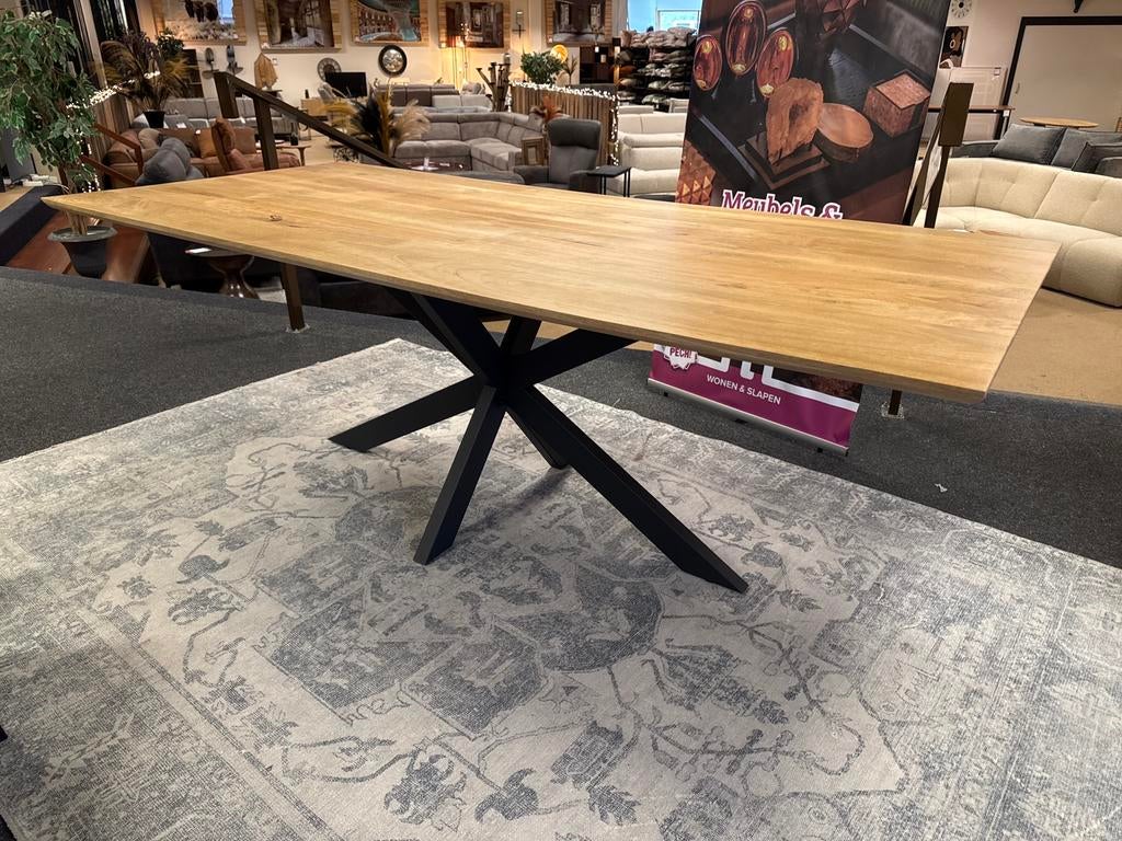 Eettafel rechthoekig vlak blad Mango 220 Direct/Leverbaar, Huis en Inrichting, Overige houtsoorten, #Eettafel#Verjongd#Deens#Mango#Vlak#Kruispoot
