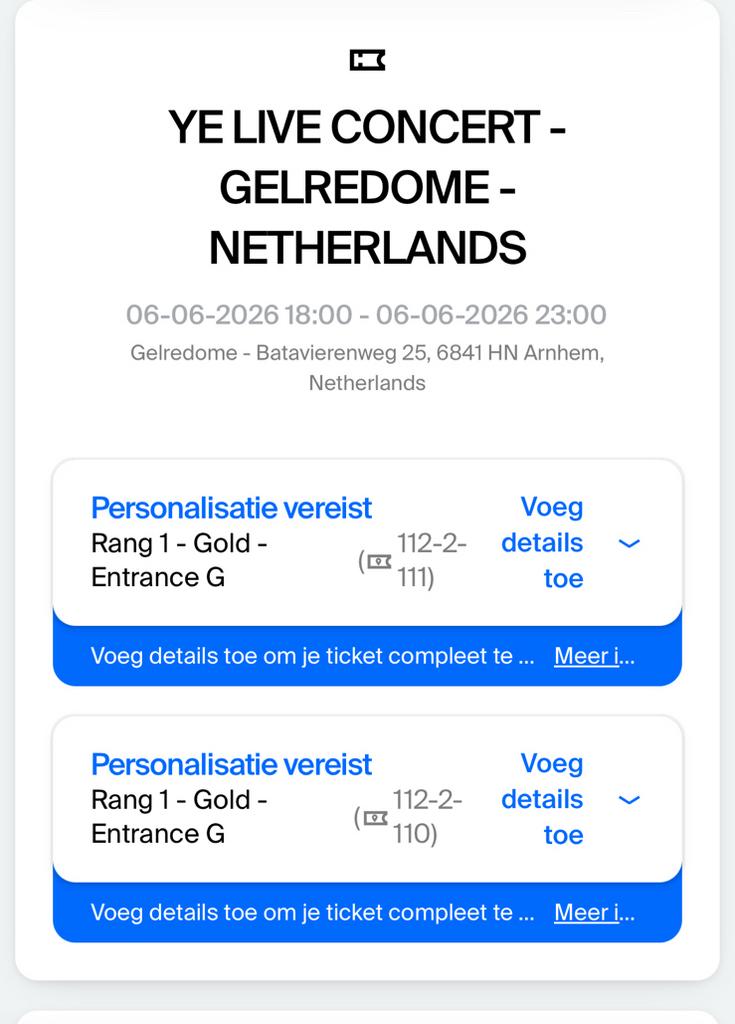 2 Tickets Kanye West Gold Rang1 Zitplaatsen 110/111, Twee personen, Juni