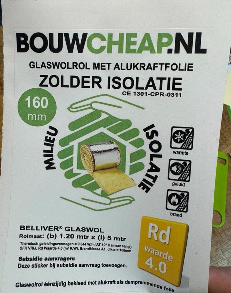 Zolderisolatie met aluminiumfolie €.6.35 per m2, Doe-het-zelf en Verbouw, Isolatie en Afdichting, Dakisolatie, Verzenden, 12 cm of meer