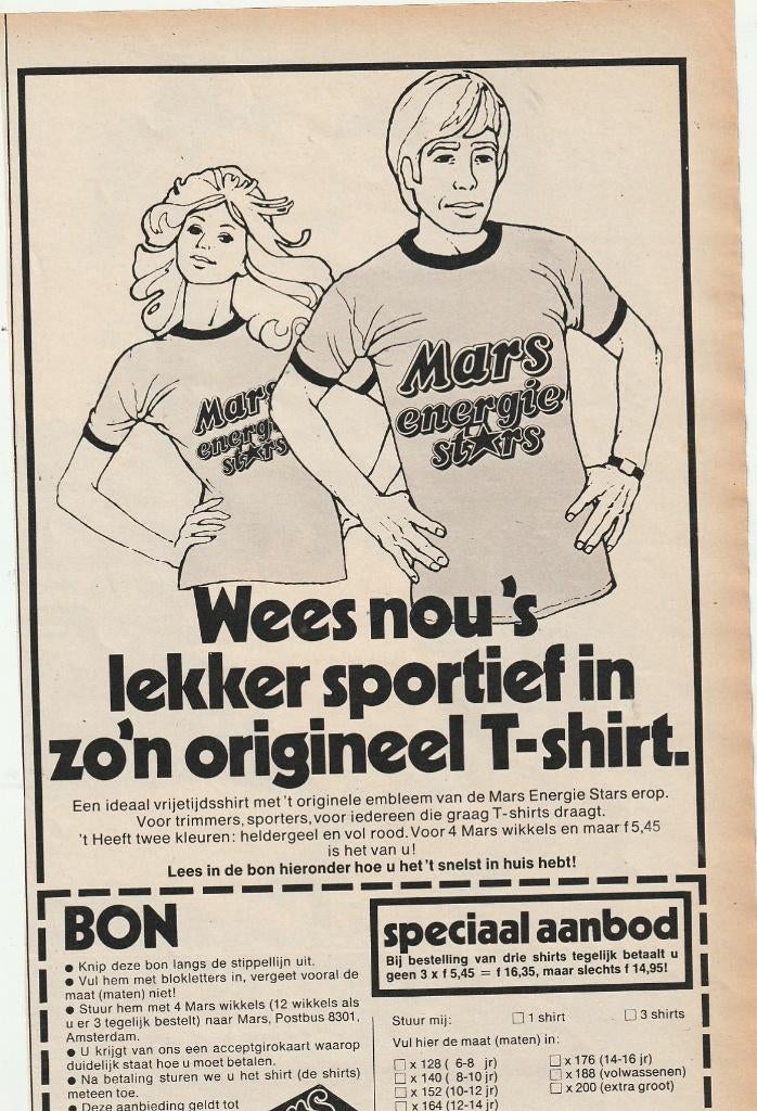 Retro reclame 1972 Mars chocolade actie T-shirts, Verzamelen, Retro, Verzenden, Overige typen