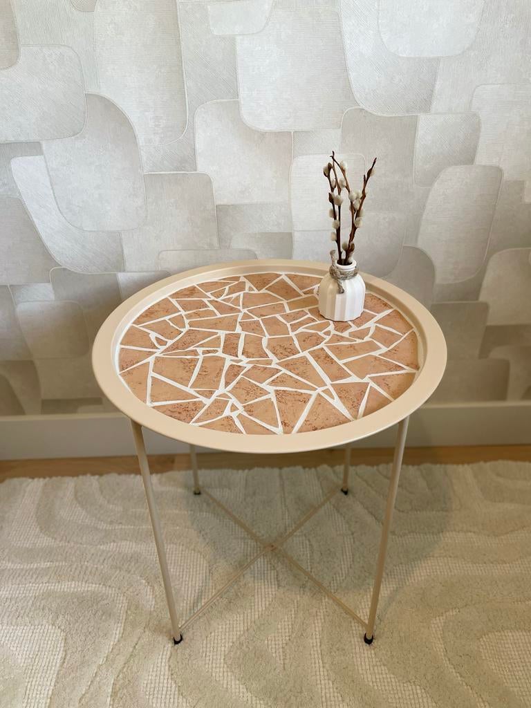 Uniek tafeltje met handgemaakt mozaïek blad, 45 tot 60 cm, Minder dan 55 cm, Metaal of Aluminium, Rond