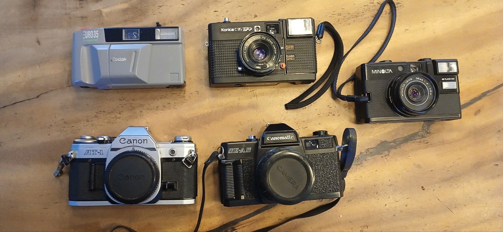 5x vintage cameras: canon, canomatic, kodak, minolta, konica, Ophalen of Verzenden