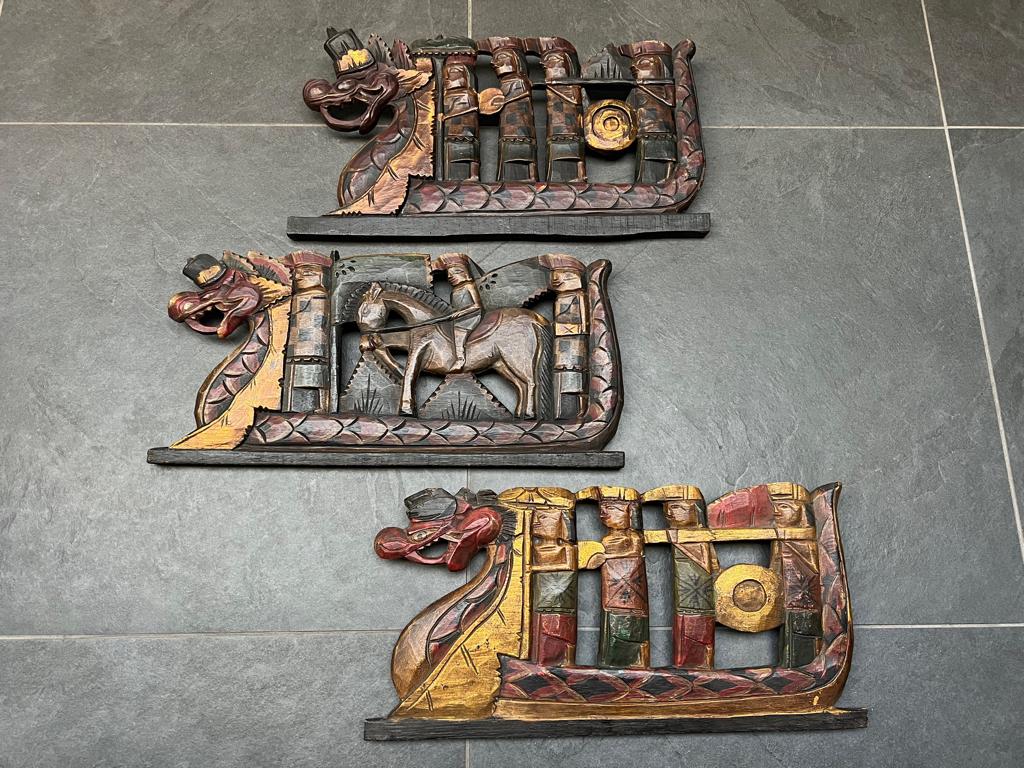 Houtsnijwerk balinees wandpaneel Indonesie handwerk draak, Verburgt Vintage, Gebruikt, Hout, Meerkleurig
