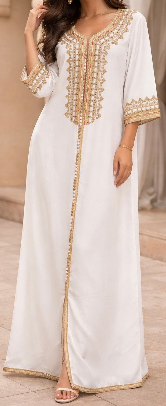 Witte kaftan met gouden details en strass steentjes, Maat 38/40 (M), Overige typen, Wit, Nieuw