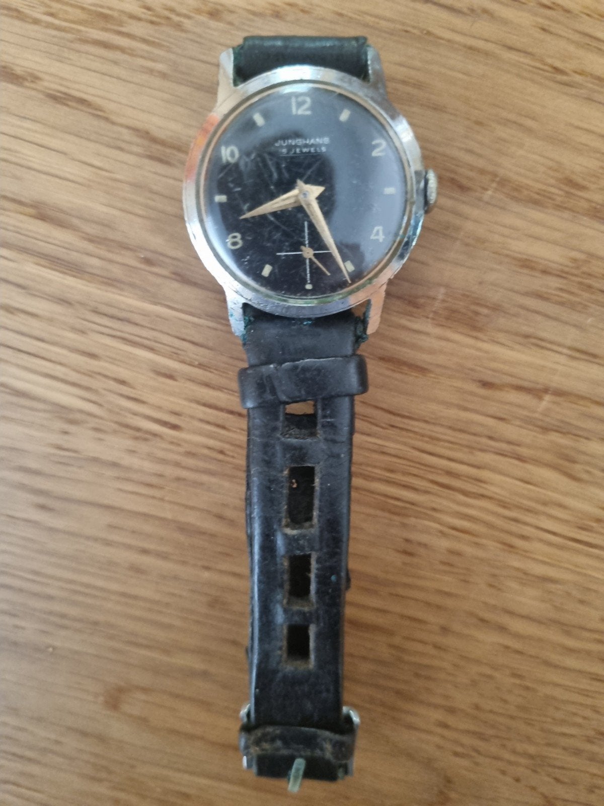 Vintage Junghans Polshorloge - Zwart met Leren Bandje, Overige merken, Staal, Met bandje, Polshorloge