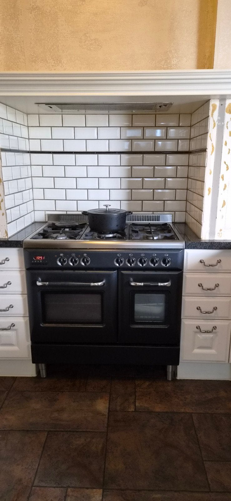 Zwart gasfornuis met dubbele oven en 5 kookzones, Witgoed en Apparatuur, Fornuizen, Gebruikt, 60 cm of meer, Ophalen of Verzenden