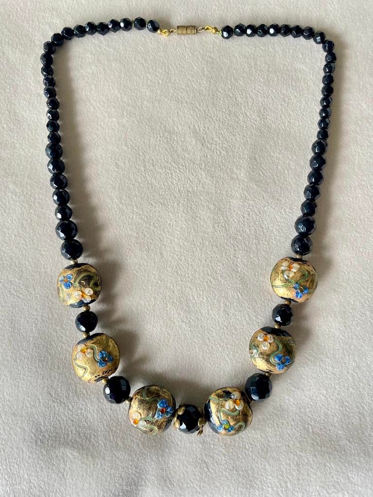 Vintage Murano glas ketting. Eedding cup cake kralen. Zwart, Ophalen of Verzenden, Overige materialen, Ketting