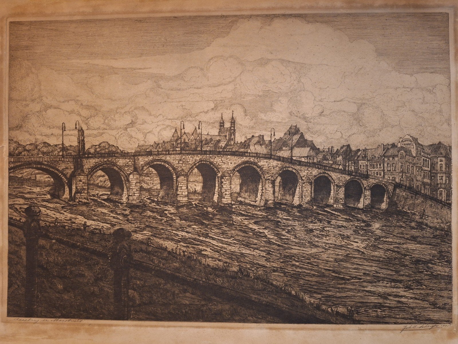 Ets van de brug bij Maastricht door Joh. Scherft (1928), Antiek en Kunst, Ophalen of Verzenden