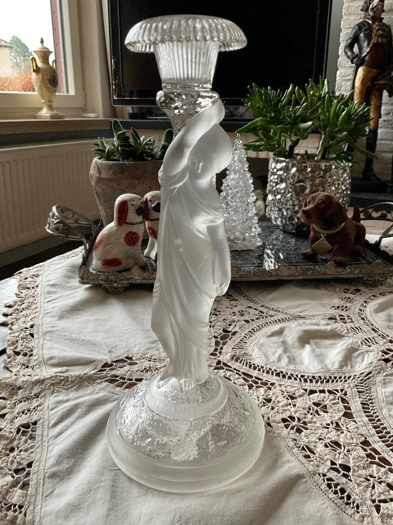 Kariatide kandelaar / oude glazen kandelaar vrouwenfiguur, Antiek en Kunst, Antiek | Kandelaars, Ophalen of Verzenden, Glas
