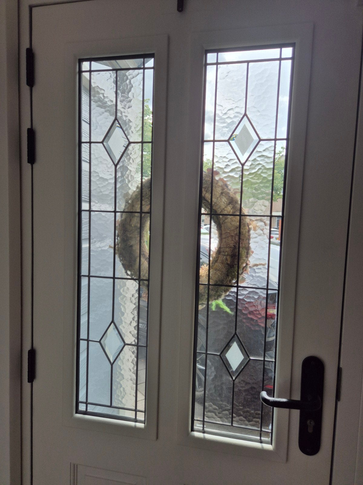 Buitendeur met glas-in-lood effect en veiligheidsglas, Gebruikt, 80 tot 100 cm, Ophalen of Verzenden, Buitendeur