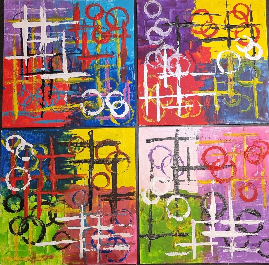 SCHILDERIJ - 4 delen - Vierluik "sporen en wielen", Ophalen, Acrylverf, Handgeschilderd, Overige onderwerpen