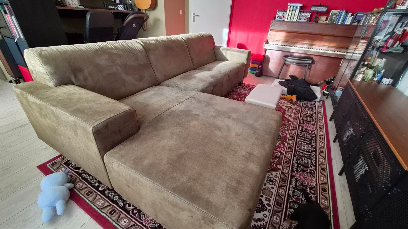 Grote olijfgroene 3-zitsbank met chaise longue (rechts), Ophalen, Gebruikt, Overige materialen