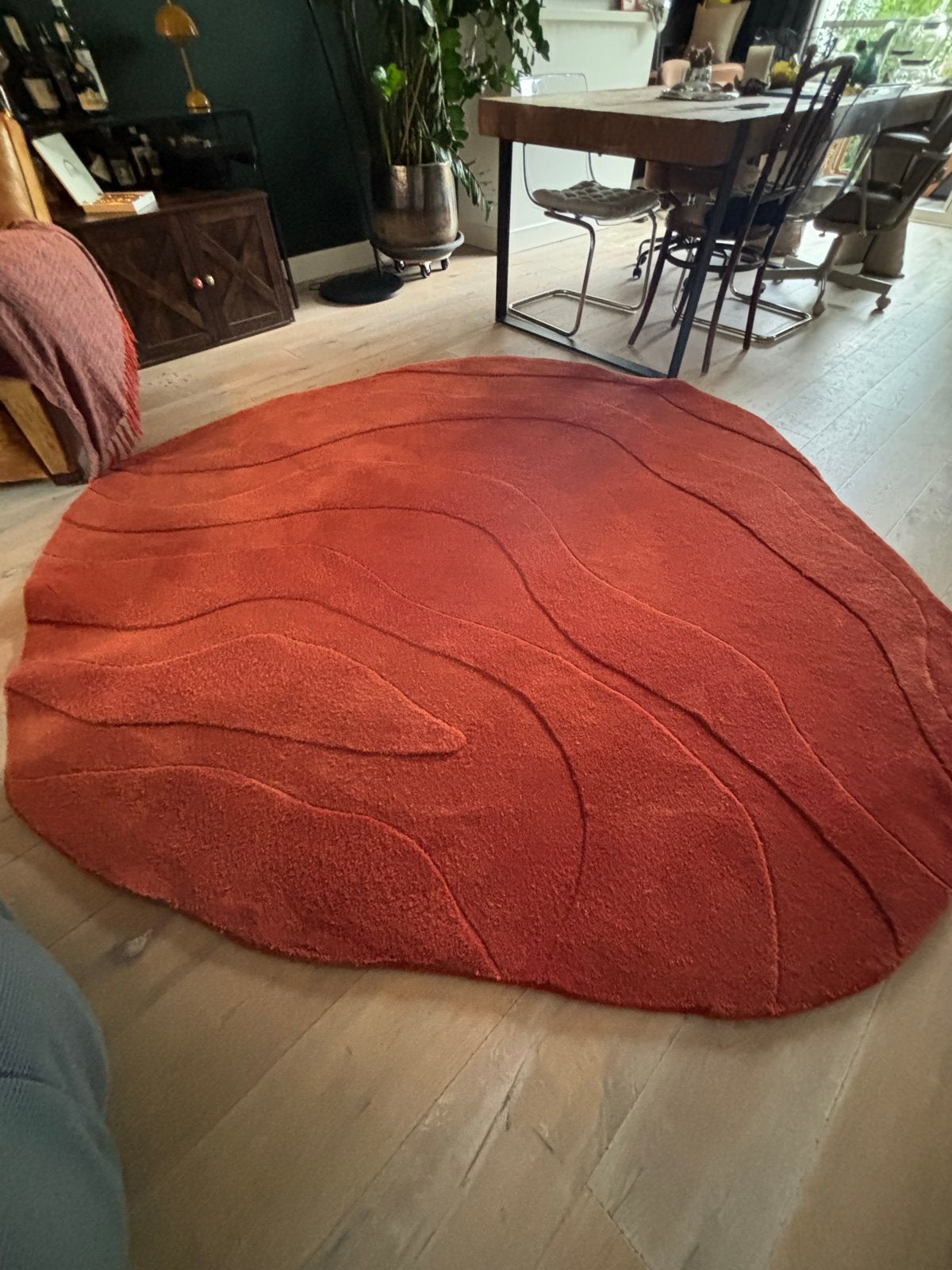 Rond Roestrood Wollen Vloerkleed met Golvend Patroon, Ophalen, Rond, Oranje, Zo goed als nieuw