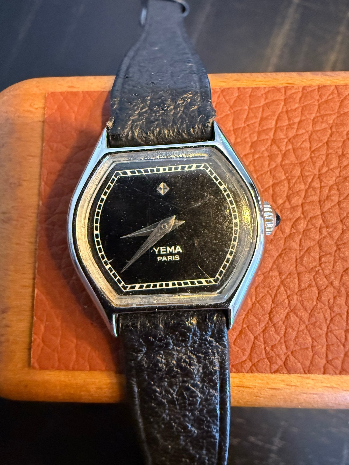 Vintage Yema Paris dameshorloge met lederen band, Overige merken, Staal, Verzenden, Polshorloge