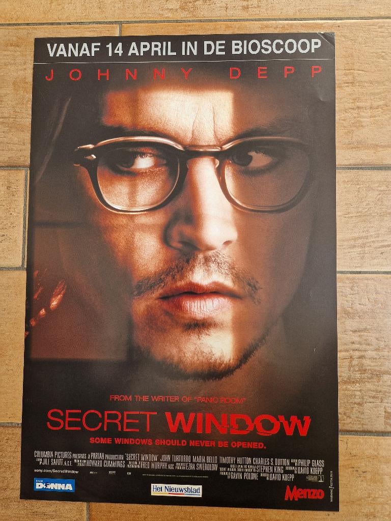 filmaffiche Johnny Depp Secret Window 2004 filmposter, Rechthoekig Staand, Ophalen of Verzenden, Zo goed als nieuw, A1 t/m A3