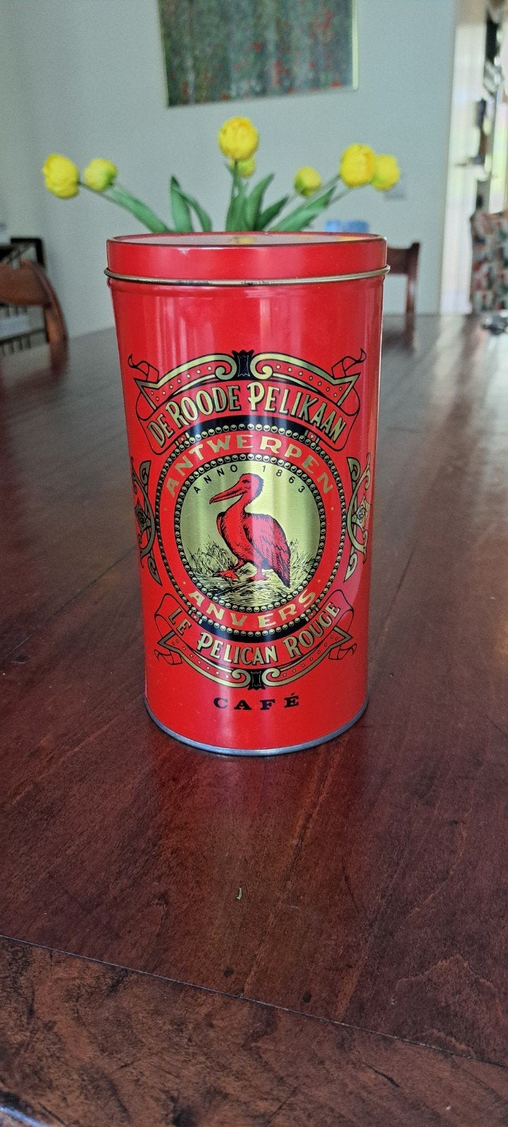 Vintage De Roode Pelikaan Koffieblik - Antwerpen, Ophalen, Gebruikt, Koffie, Overige merken