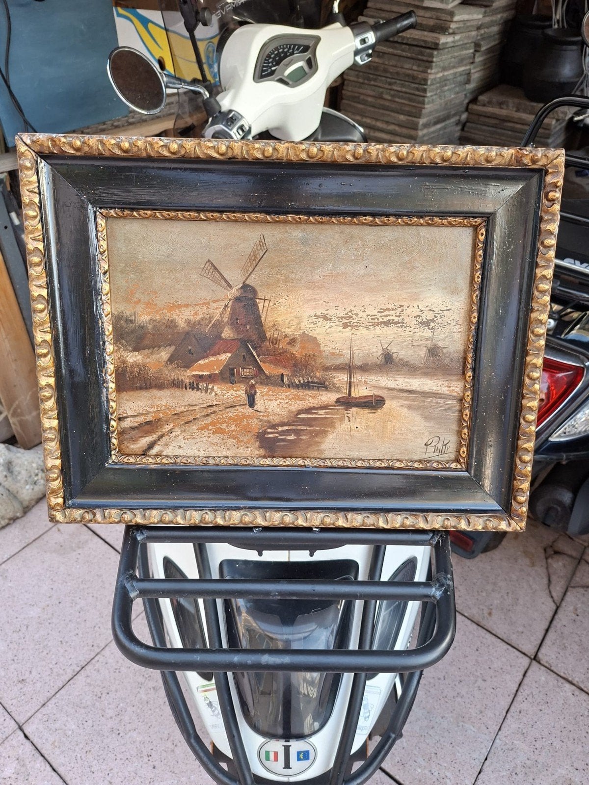 Oud gesigneerd schilderijtje op houten paneel, Molenlandscha, Paneel, Ophalen of Verzenden, Landschap, Olieverf