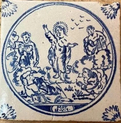 4 Tegels Religie Mat.hoekmotief Anjer Leven Jezus PRIJS STUK, Ophalen