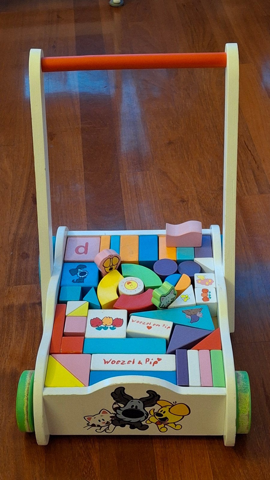 Houten loopwagen / blokkenkar - Woezel & Pip, Kinderen en Baby's, Speelgoed | Houten speelgoed, Ophalen of Verzenden, Gebruikt