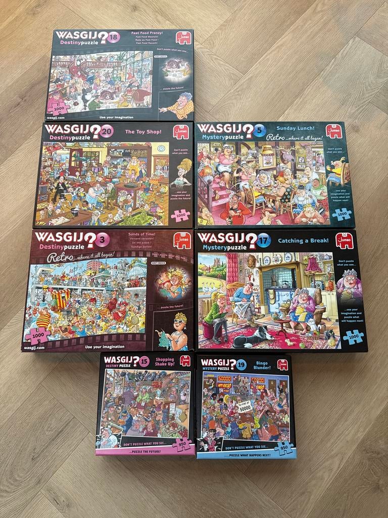 Grote collectie Wasgij puzzels (7 stuks), Ophalen, 500 t/m 1500 stukjes, Gebruikt, Legpuzzel