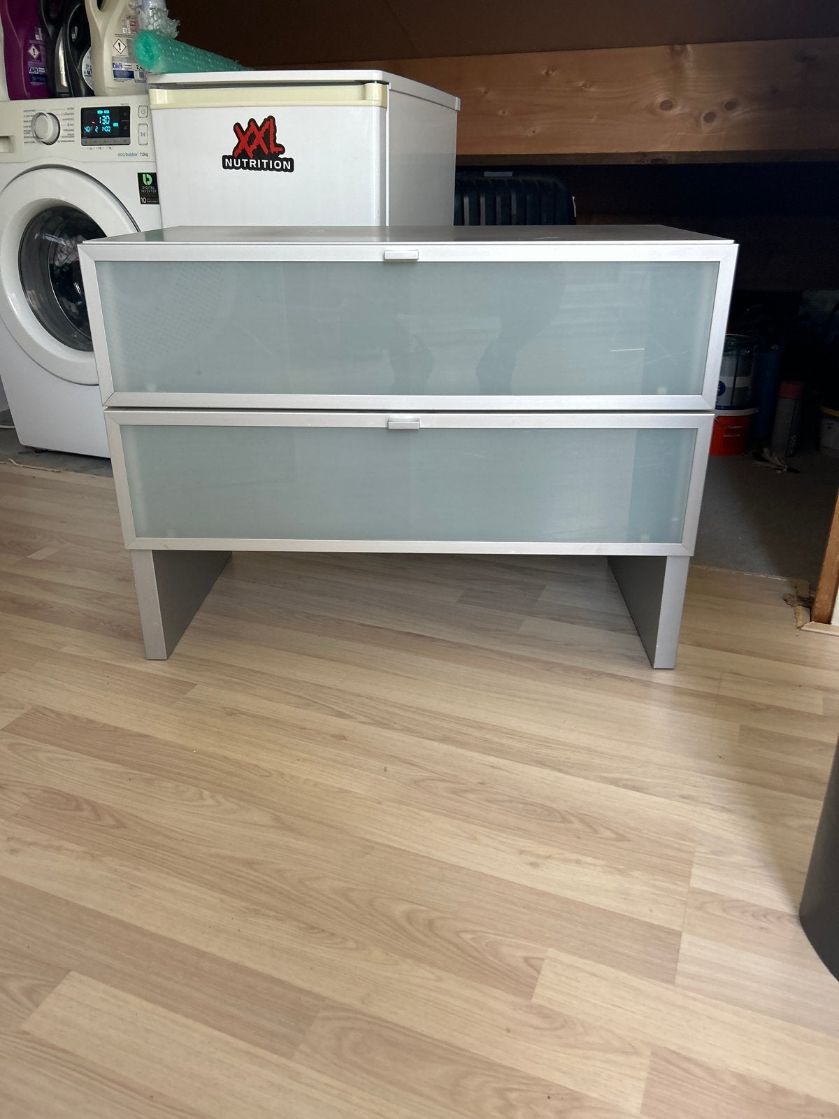 Ladekast met 2 lades en glazen fronten, Ophalen, Gebruikt, 100 tot 150 cm, 1 of 2 laden