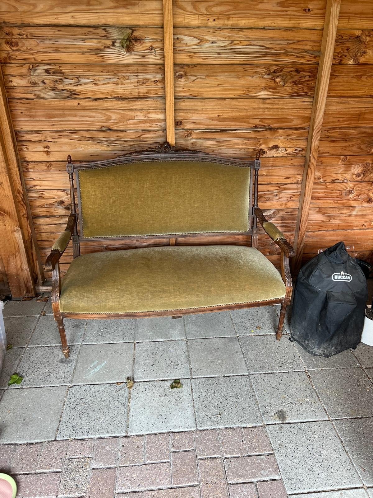 Antiek zitbankje 2-3 persoons, groen velours, Antiek en Kunst, Ophalen