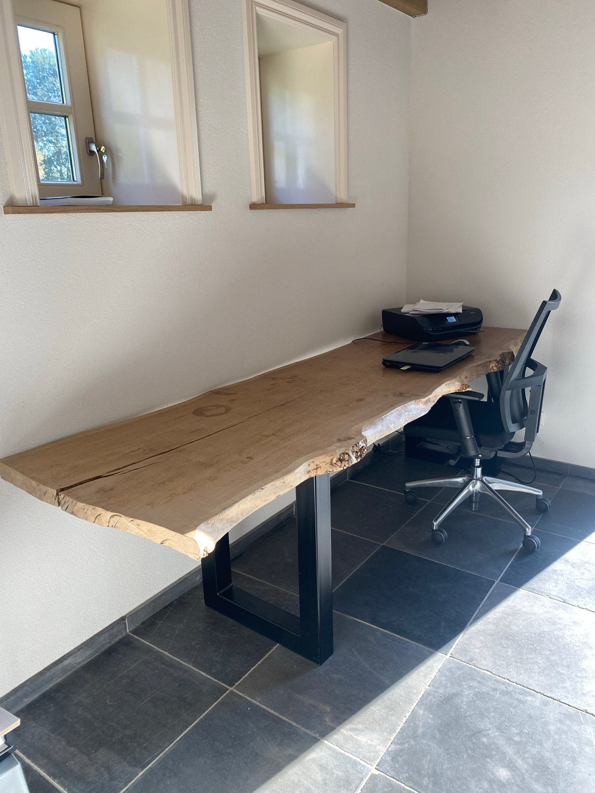 Boomstamtafel met stalen onderstel - 254x80x80cm, Ophalen, Gebruikt, 200 cm of meer, 50 tot 100 cm