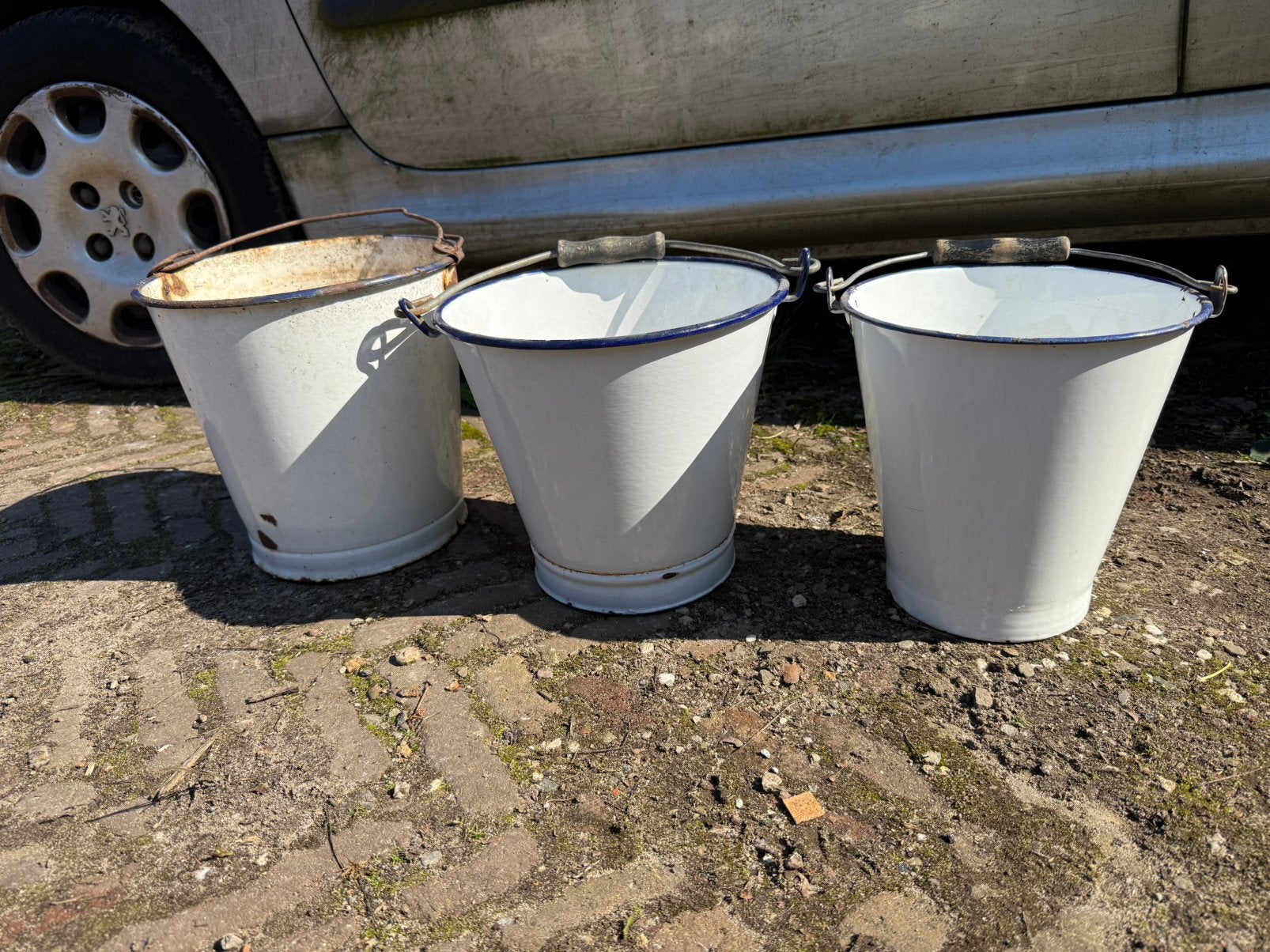 Emaille emmers - wit met blauw - 3 maten, Ophalen, Gebruikt, Met handgreep, X