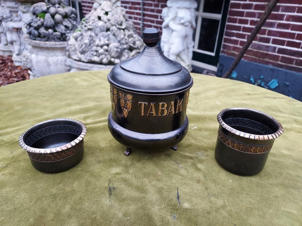 Art Deco koperen rookstel met opschrift, brons gepatineerd., Antiek en Kunst, Verzenden