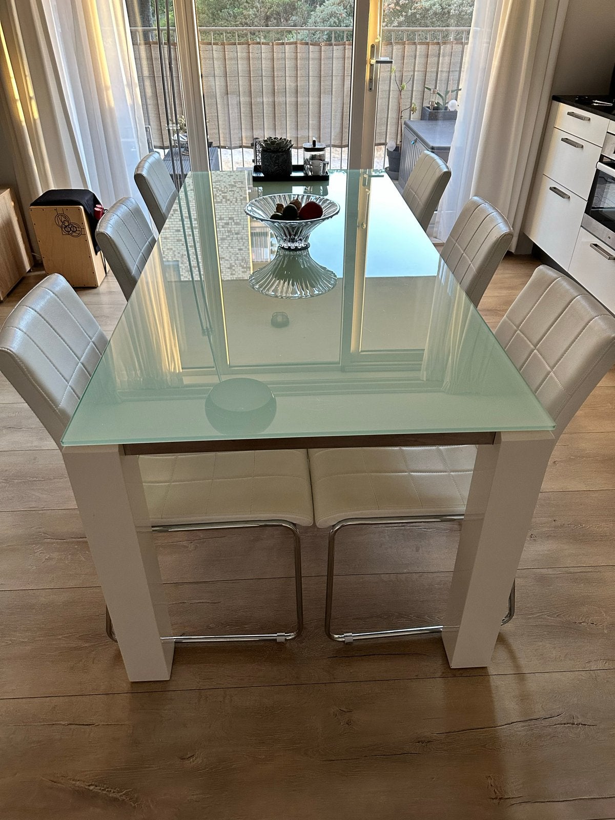 Moderne Eethoek (200x90) met 6 stoelen - Snel weg!, Ophalen, Gebruikt, 50 tot 100 cm, Glas