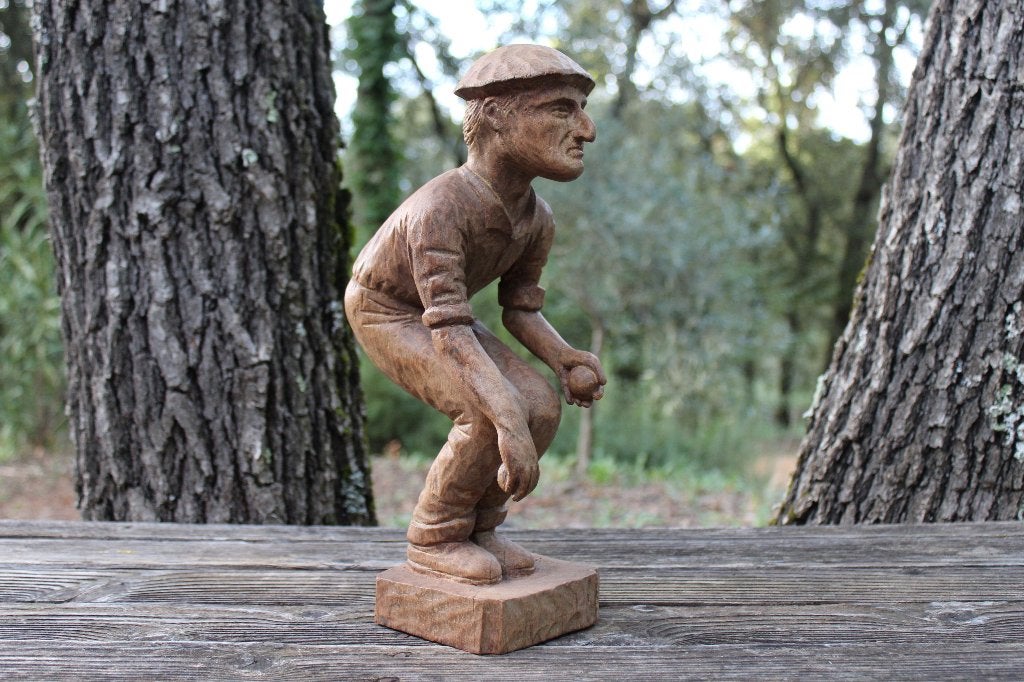 Brocante - Houten sculptuur Jeu de Boules-speler!, Antiek en Kunst, Houtsnijwerk, Handgemaakt, Ophalen of Verzenden, Hout