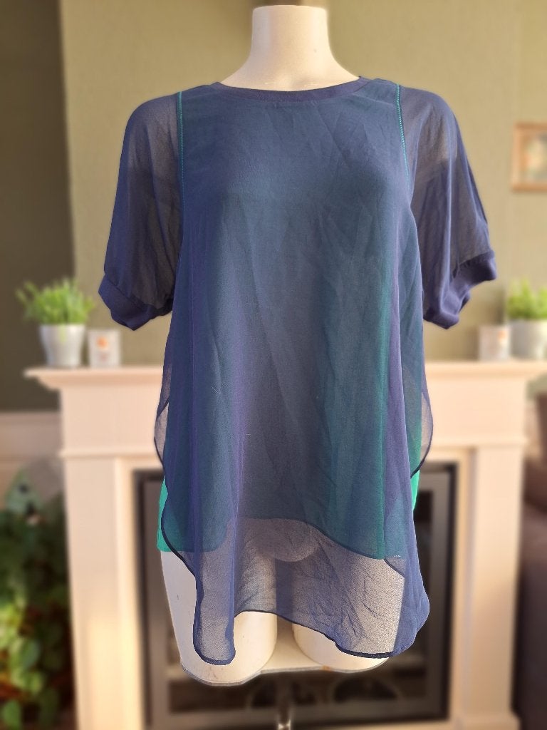 Blauw groen Cop Copine top shirt 2 in 1 look 40 M, Maat 38/40 (M), Cop Copine, Zo goed als nieuw, Korte mouw