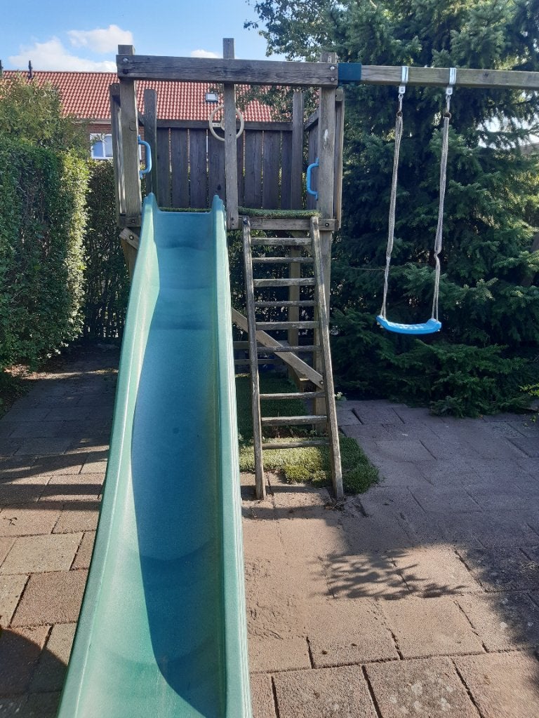 Houten klimtoren met glijbaan en schommel, Ophalen, Gebruikt, Schommel, Aanbouwonderdeel