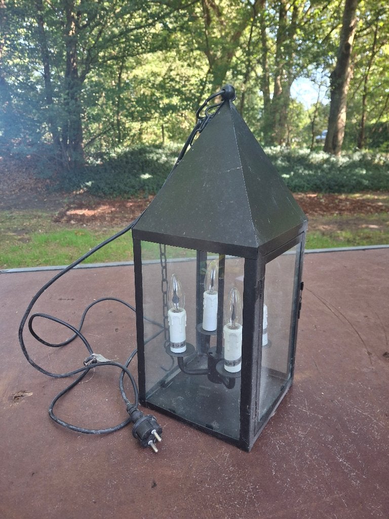 Electrische lantaarn met 4 vlam kaarsen - zo goed als nieuw, Ophalen, Zo goed als nieuw, Glas, Kandelaar
