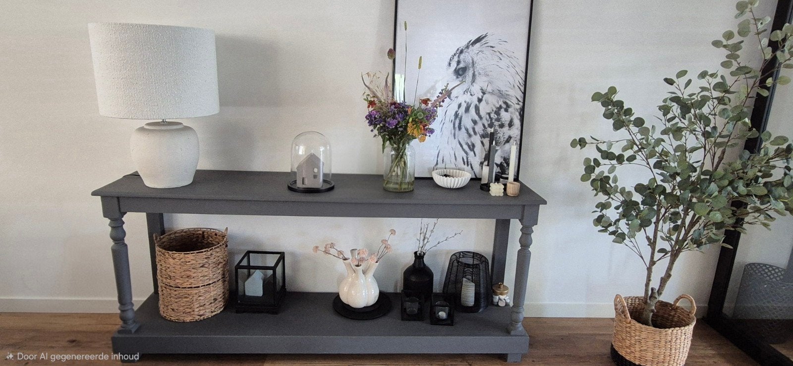 Grijze sidetable/console tafel met gedraaide poten, Gebruikt, 200 cm of meer, Ophalen of Verzenden, Grenenhout