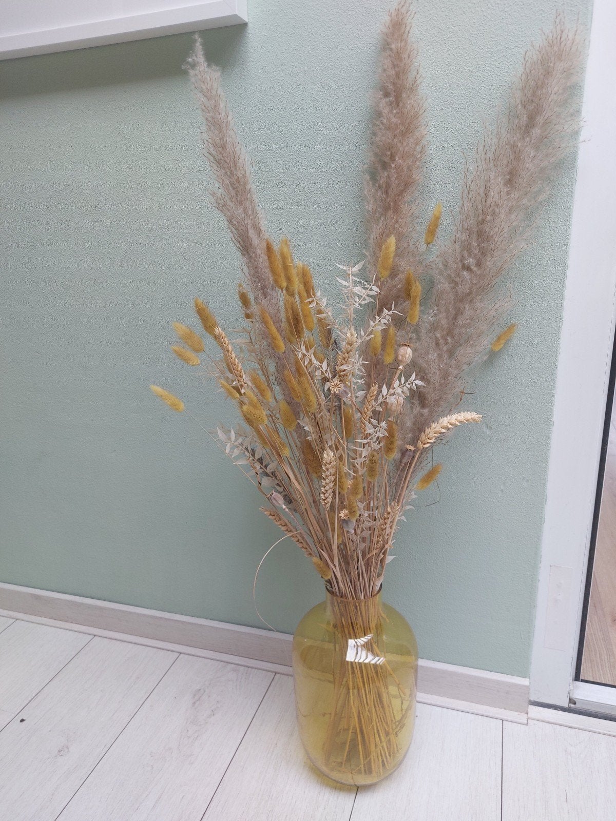 decoratie Grote gele vaas met droogbloemen - 100cm totale ho, Ophalen, Inclusief droogbloemen, Geel, Glas
