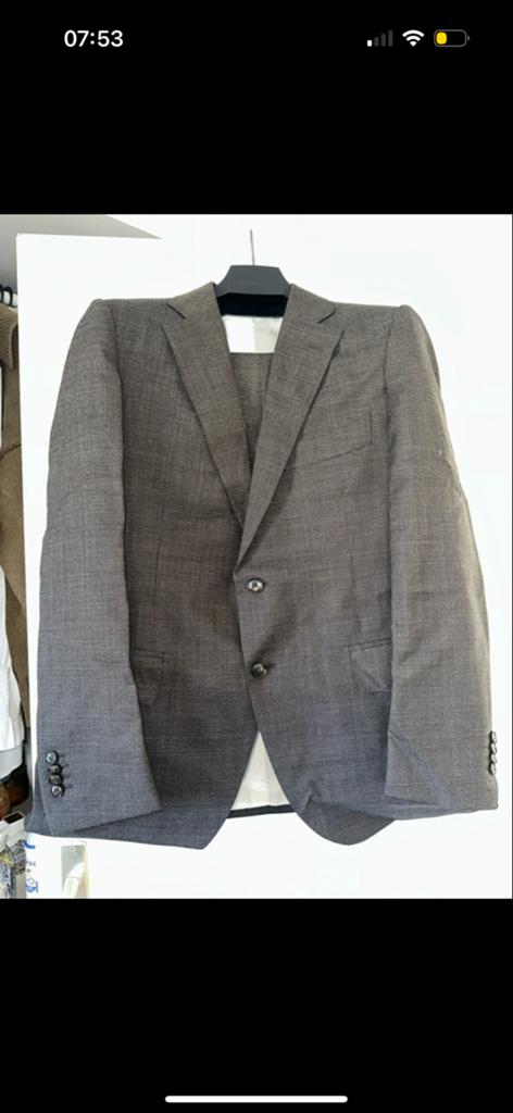 SuitSupply Donkerbruin Pak Pure Wol met Lichte Strepen, Kleding | Heren, Kostuums en Colberts, Ophalen, Zo goed als nieuw, Overige maten