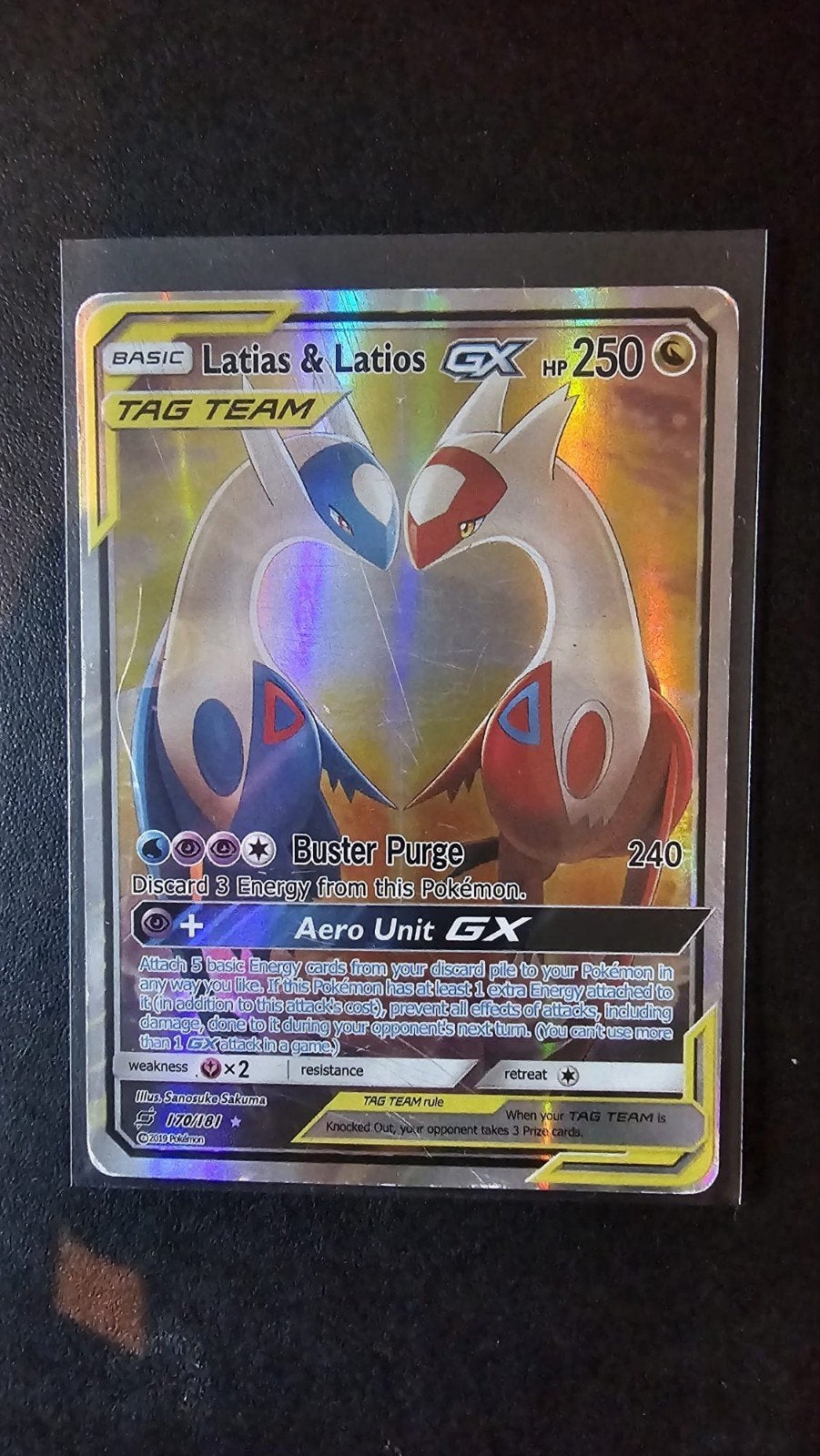 Latias & Latios GX TAG TEAM Pokémon Kaart / Damaged, Ophalen of Verzenden, Gebruikt, Losse kaart, Foil